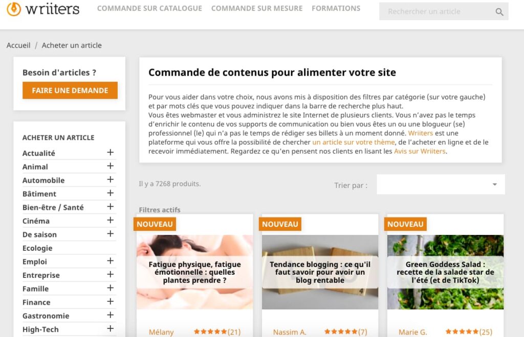 contenu catalogue wriiters