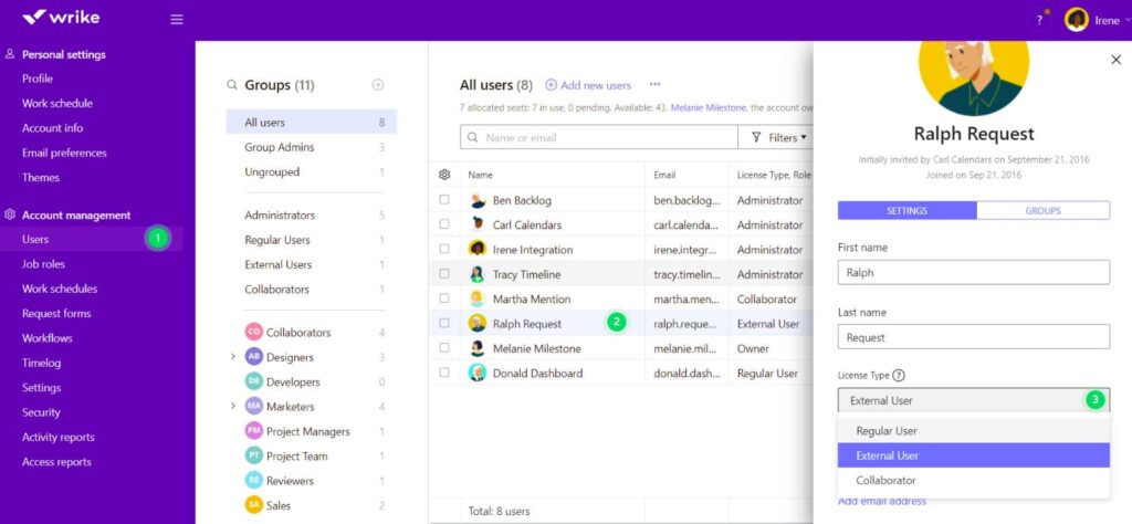gestion des comptes wrike