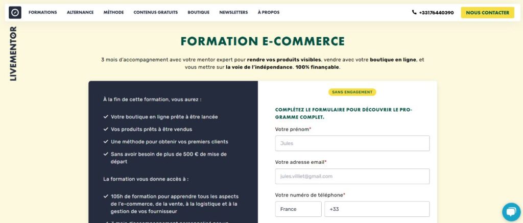 interface formation e commerce livementor